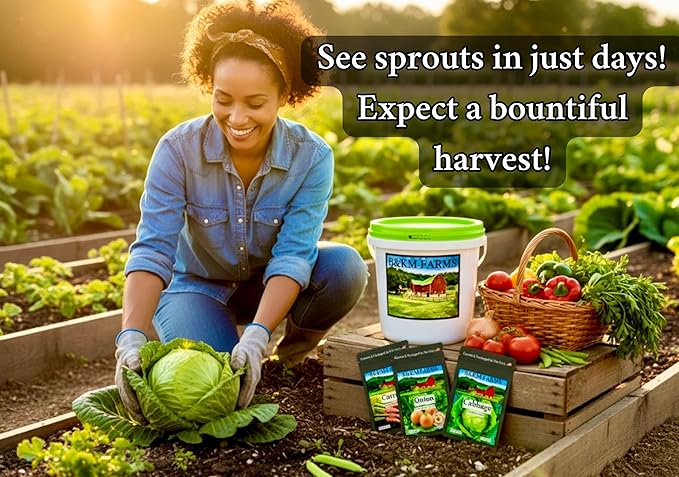 B&KM Farms 20,000+ Survival Seed Kit 5+ Year Supply. 30 Fruit & Vegetable Non-GMO Heirloom Seeds for Planting a Home Garden. Secure Emergency Weather-Proof Bucket