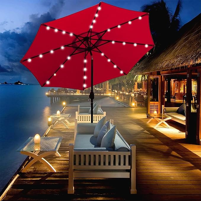 Blissun 9 ft Solar Umbrella, 32 LED Lighted Patio Umbrella, Table Market Umbrella, Outdoor Umbrella for Garden, Deck, Backyard, Pool and Beach (Red)