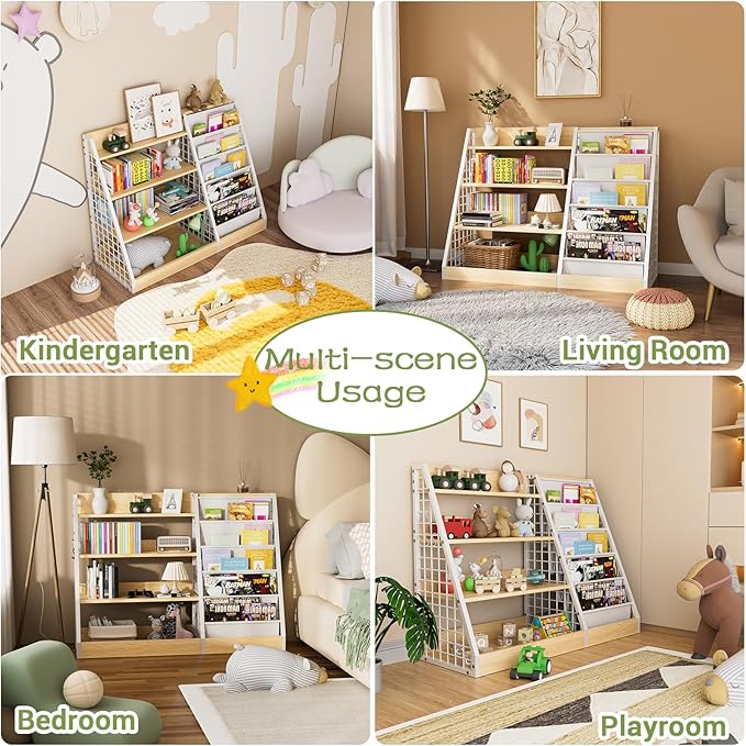 Kids Book Shelf,4 Tier Wooden Bookshelf,5 Layer Sling Children Bookcase,Toy Organizer Cabinet Chest,Book Display Shelf with Metal Frame, Nursery Playroom Classroom Library (Natural)