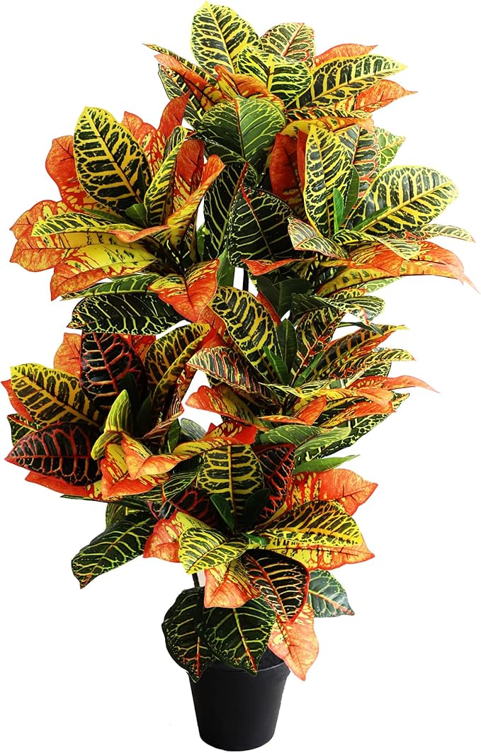 momoplant Artificial Croton Plant, 39inch Faux Fiddle Leaf fig Tree, Artificial Trees for Home Decor, Ficus Lyrata Tree with Plastic Pot, Silk Plants for Home Decor Indoor