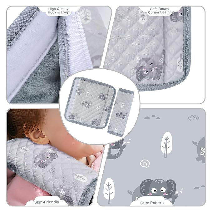 INFANZIA Car Seat Strap Covers for Infants Babies, Soft Carseat Shoulder Pads for Kids, Double-Sided Use Seatbelt Cushion Covers for Stroller, Pushchair & High Chair (Gray)