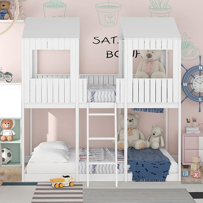 Ball & Cast Full Over Full Size Playhouse Bunk Bed with Roof and Window,Wood Bunkbed w/Full-Length Guard Rail & Ladder,Slat Support,Space Saving,Bedroom Furniture for Student Dorms,White