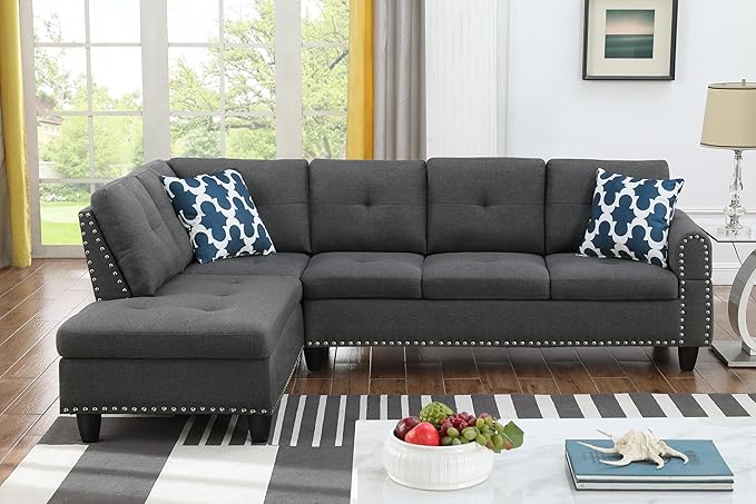 Ball & Cast 98" L Shaped Modular Sectional Couch for Living Room,4 Seat Linen Upholstered Sectional Sofa Set 2 PCS with Chaise,Coffee Table,Cup Holder,Pillows & Nailhead Trim for Home,Office,Dark Gray