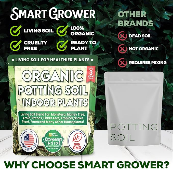 Organic Potting Soil for Indoor Plants. Boost House Plant Growth for Monstera, Fiddle Leaf, Money Tree, Pothos, Snake Plant, Aroid, Flowers, Herbs, Veggies, & More, Smart Grower 3 LB Ready to Plant
