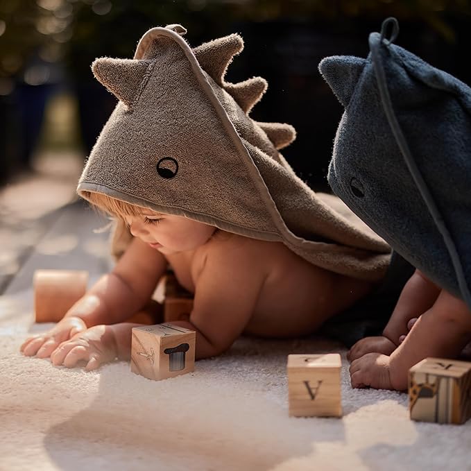 Hooded Baby Towels - 100% Organic Cotton Baby Bath Towels, 32" x 32" Super-Soft and Absorbent Baby Towels for Newborn 2-Pack (Towel Dino Green Moss/Dino Tradewinds)