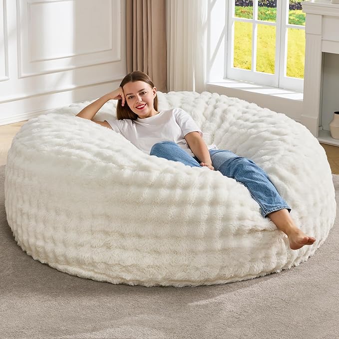 Hobestluk Bean Bag Chairs 5ft Beanbag Chair with Filler Adult Bean Bags with Fluffy & Machine Washable Cover, Giant Bean Bag Chairs for Adults (White, 5FT-50" x 50" x 24")