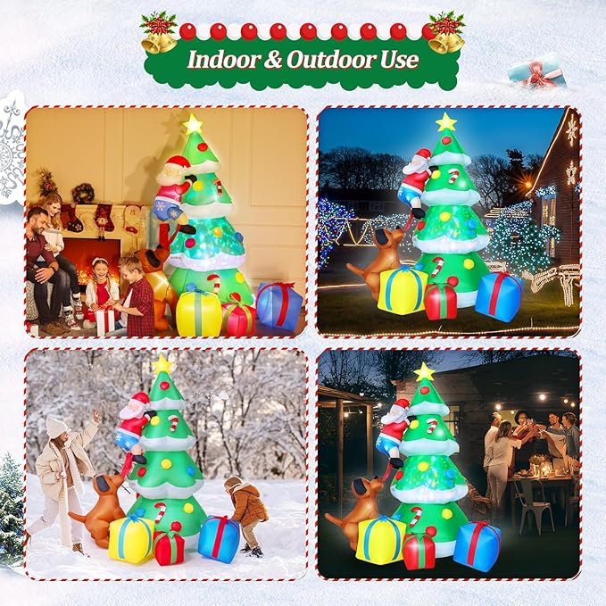 7.5FT Christmas Inflatable Outdoor Decoration Christmas Tree Christmas Dog Santa with 3 Gift Boxes Build-in Colorful LED Lights, Blow up Christmas Tree Decorations for Holiday Xmas Yard Patio Lawn