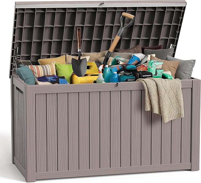 ROJIK Outdoor Storage Housing Deck Box,Waterproof Patio Furniture, Garden Tools,Cushions,Pool Accessories Storage Bench with Lockable Lid and Side Handles (Grey,280 Gal)