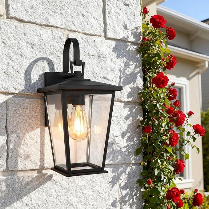 Kalium Outdoor Wall Lights Fixtures Lantern Frame 16 1/8", Outside Lights Black Transitional Durable Metal, Clear Glass for Post Exterior Barn Deck House Porch Yard Patio Garage Garden