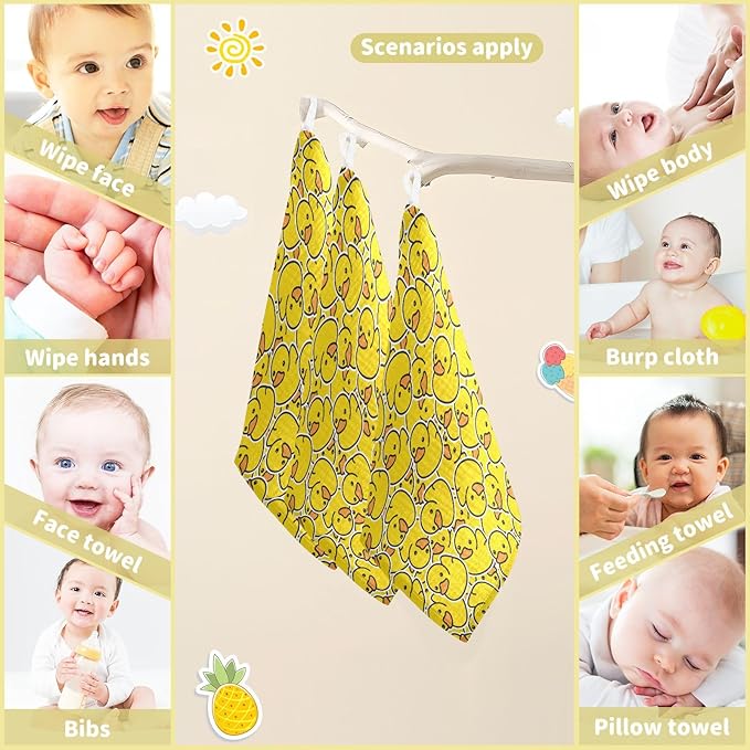 Duck Baby Washcloths Newborn Muslin Burp Cloths 3 Pack Soft Cotton Baby Face Bath Towel Drool Bibs for Infants, Girls and Boys 11.8 x 11.8 Inch
