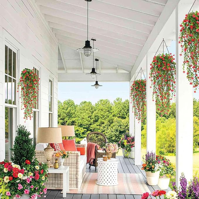 RECUTMS Artificial Hanging Plants Fake Hanging Vine Flowers Fake Plants Faux Hanging Plants Outdoor Faux Eucalyptus Leaf Greenery Wall Indoor Room Wall Wedding Patio Porch Decor(Red)