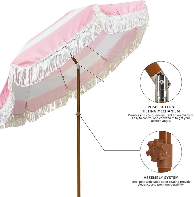AMMSUN 7ft Patio Umbrella with Fringe Outdoor Tassel Umbrella UPF50+ Premium Steel Pole and Ribs Push Button Tilt, Riviera Pink Stripe