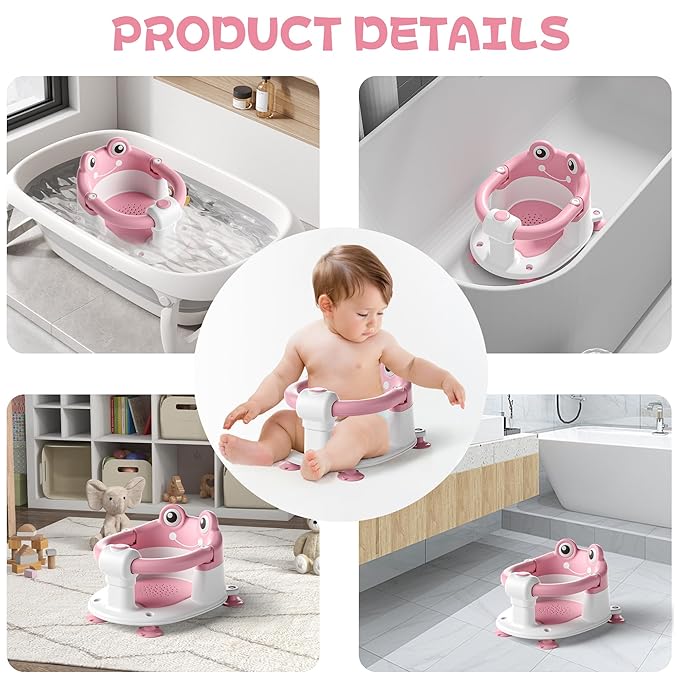 Baby Bath Seat for Babies 6 Months & Up - Toddler Bath Seats for Baby Sitting Up with 4 Suction Cups & Soft Cushion, Non-Slip Infants Shower Bathtub Chair for Newborn Girls, Pink