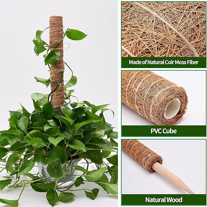 8 Pcs Moss Pole for Plants Monstera, Plant Support Stakes for Indoor Climbing Plants Grow Upwards, with 65ft Twist Ties, 13ft Jute Rope, 6.5ft Hook-and-Loop Strip