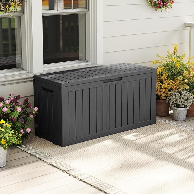 EasyUp 85 Gallon Outdoor Storage Box, Resin Waterproof UV-Resistant Deck Box, Reinforced Stability for Patio, Garden, and Poolside, Striped Black