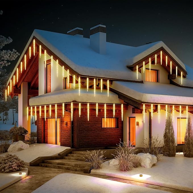 Brightown Icicle Lights Outdoor with Remote, 20ft 20 Tubes 100 LED Ice Shape String Lights, Connectable Hanging Christmas Decoration Lights for Tree Patio Roof Holiday Decor, Warm White