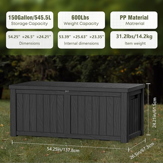 TARKARI 150 Gallon Lockable Resin Deck Box, Waterproof & UV-Resistant Outdoor Storage Box for Outdoor Cushion Storage, Garden Tools & Pool Accessories Storage, Black