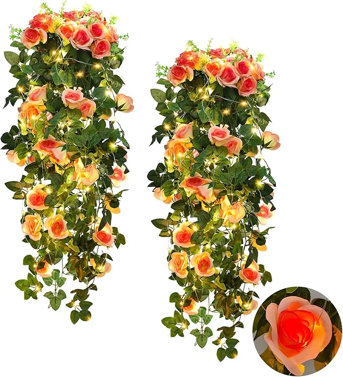 RECUTMS 2pcs Artificial Hanging Plants 32 in Fake Plant Ivy Vine Outdoor UV Resistant Plastic (Champagne)