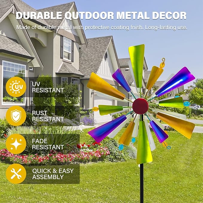 45" Rainbow Wind Spinners for Yard and Garden, Double Layered Metal Kinetic Wind Spinner Outdoor Decor, Wind Sculpture Yard Art Decorations for Patio, Lawn & Garden