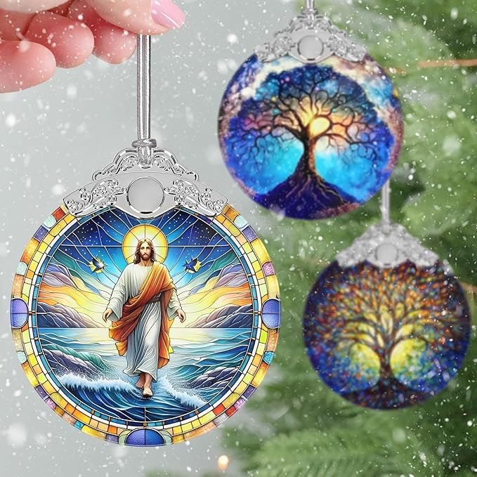 Jesus Christmas Ornaments, 3" Stained Glass Christmas Decor, Christmas Tree Ornaments, Christmas Tree Decorations, Gift for Religious Believers, Perfect for Holiday Party, Window, Tree, Home Decor