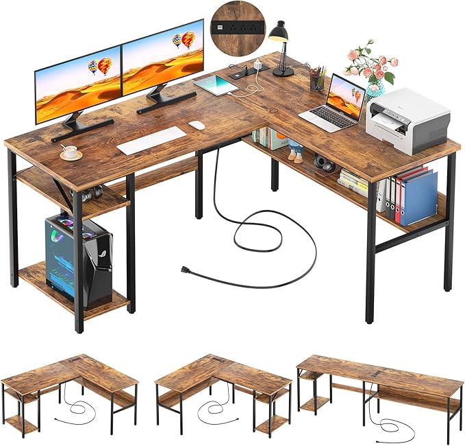 Unikito L Shaped Computer Desk with Magic Power Outlets and USB Charging Ports, Sturdy Reversible Corner Desk with Storage Shelves, Modern Work Desk for Home Office, Easy to Assemble, Rustic Brown