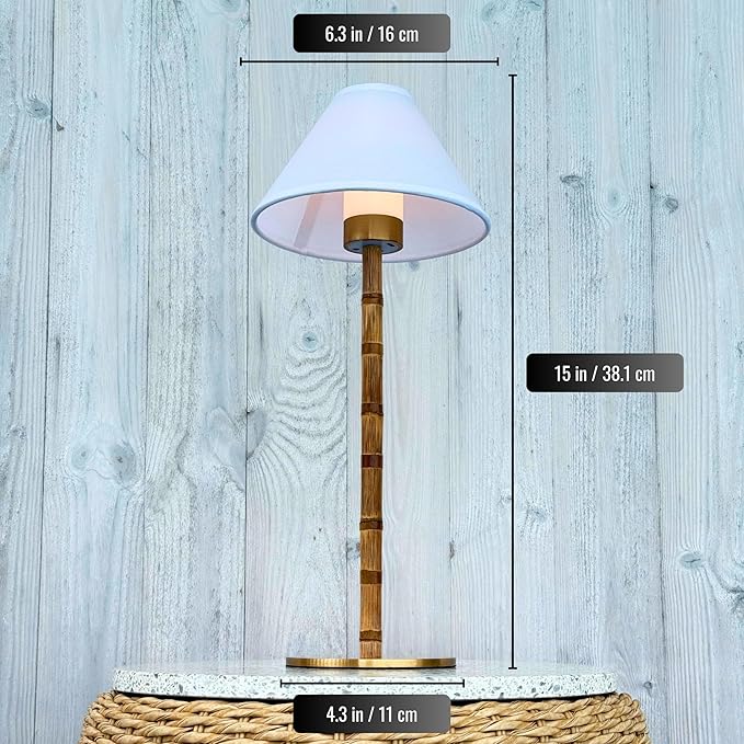 Bamboo Cordless LED Table Lamp – Rechargeable 24-Hour Battery, Dimmable Warm Light, 15" Portable Wireless Lamp with Remote for Indoor/Outdoor Use, Home, Patio, Restaurant – Coastal White