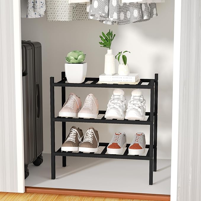 3-Tier Bamboo Small Shoe Rack, Free Standing Wood Shoe Shelf Storage Organizer for Closet Entryway Stackable (Black)