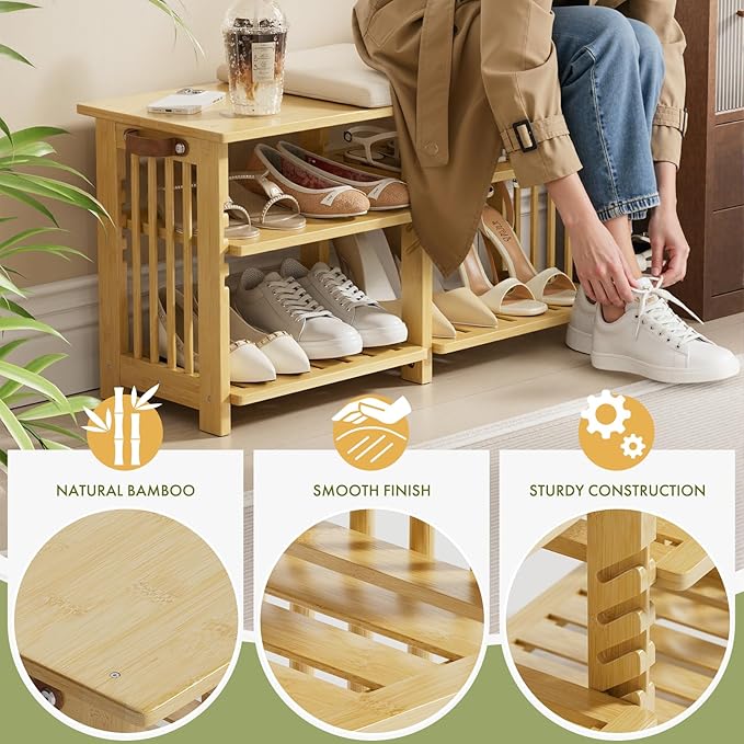 Amazer Bamboo Shoe Rack Bench, 3-Tier Shoe Bench Height Adjustable, Entry Bench with Side Storage Strap, Shoes Organizer Storage Bench, Shoe Shelf with Seat Cushion for Entryway, Living Room, Hallway