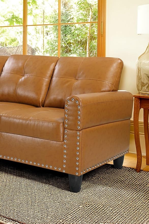 98 Inch L Shaped Sectional Sofa with Chaise Lounge, Storage Ottoman and 2 Pillows, 4-Seaters Faux Leather Upholstered Tufted Couch w/Cupholder & Nailhead Trim for Living Room, Office, Ginger