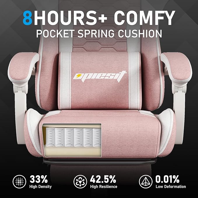 Gaming Chair, Computer Chairs for Adults with Lumbar Support and Massager, Comfortable Gamer Chair with Footrest & Pocket Spring Cushion, Ergonomic Home Office Chair, Pink, Fabric