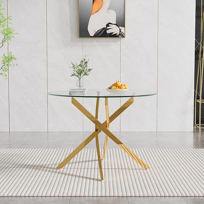 36" Round Glass Dining Room Table for 4 with Tempered Glass Top and Gold Chrome Metal Legs, Modern Clear Kitchen and Dinner Table for Home Office Dining Room