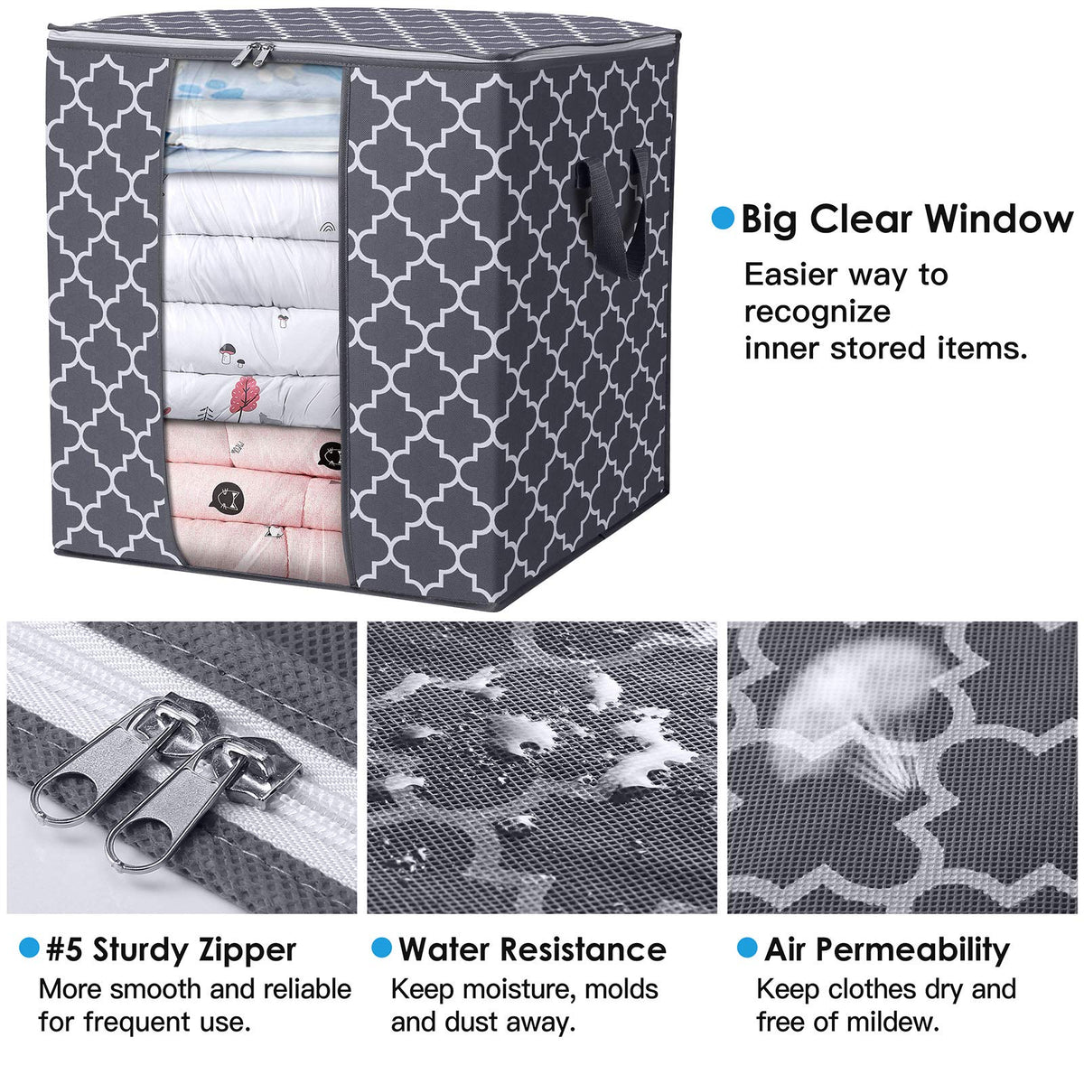 WISELIFE Storage Bags 3 Pack/100L Large Blanket Clothes Organization and Storage Containers for Comforters,Bedding, Foldable Organizer with Reinforced Handle, Clear Window, Sturdy Zippers,Gray