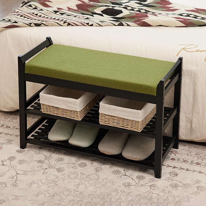 Shoe Rack Bench with Storage 27.6 in, Black Shoe Storage Bench with Cushion for Entryway, Hallway, Bedroom, Living Room
