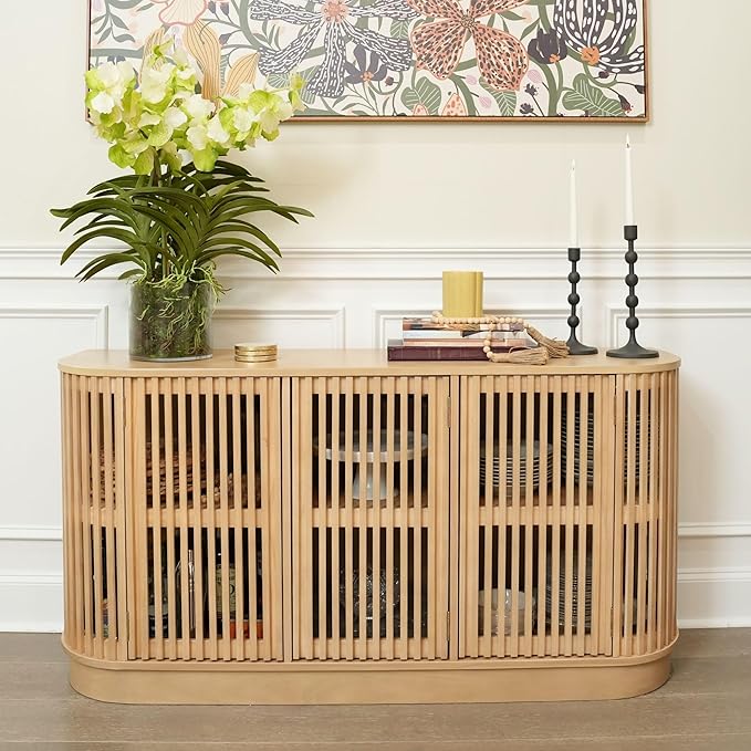 Plank+Beam Contour Wood TV Stand, Three Door Solid Wood Entertainment Console with Storage, 59" L x 16" W x 30" H, Blonde