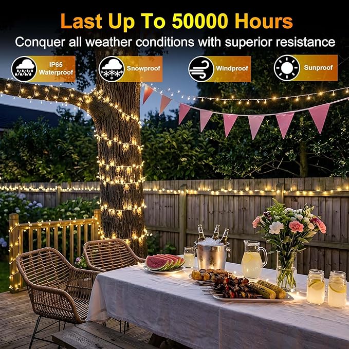 350LED 90FT Christmas Lights Indoor Outdoor, 12 Modes Warm White Outdoor String Lights with Timer & Dimmable, Green Wire Christmas String Lights for Indoor Tree Patio Yard Fence Bedroom Wedding Garden