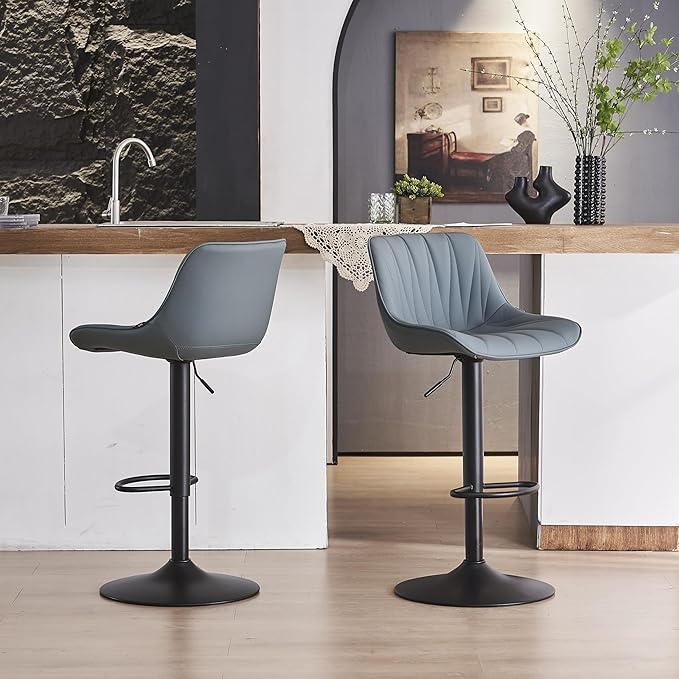 YOUNIKE Bar Stools Set of 2 for Kitchen Island, Greyblue Swivel Tall Barstools, Adjustable Bar Stool with Back, Leather Padded Bar Chairs, Modern Counter Height Stools with 300LBS Support
