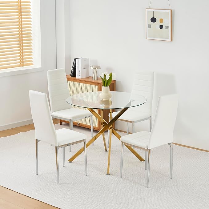 36" Round Glass Dining Table Modern Kitchen Glass Top Table for 4 with Gold Chrome Metal Legs, Clear Dining Table Kitchen Table for Home Office Dining Room