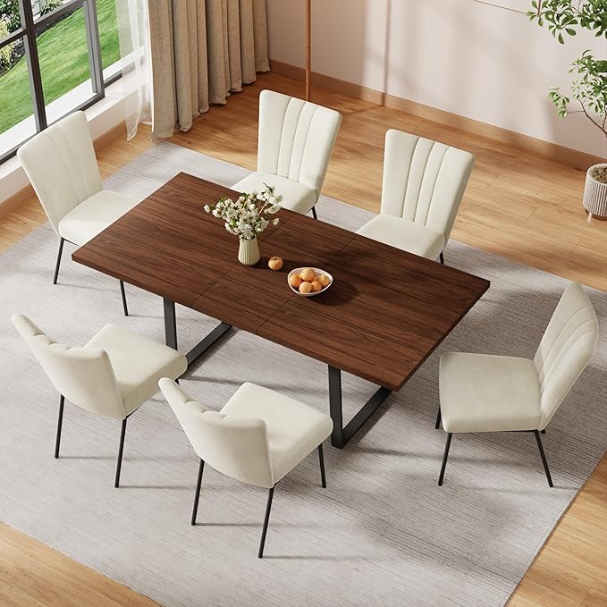 ZckyCine 51"-67" Expandable Dining Table Set, Modern 7-Piece Dining Room Set with 6 Velvet Upholstered Chairs, Walnut Wood Finish, Space-Saving Table for Home, Apartment, or Restaurant
