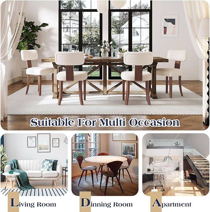 Mid-Century Dining Chair Set of 4, Upholstered Sherpa Seats with Ergonomic Curved Back and Adjustable Legs for Dining Room, Bedroom, Kitchen, White Sherpa