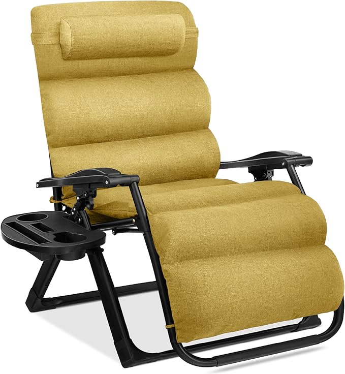 Best Choice Products Oversized Zero Gravity Chair, Folding Outdoor Patio Recliner, XL Anti Gravity Lounger w/Removable Cushion, Cup Holder, Side Tray, 350lb Capacity - Sunflower Yellow