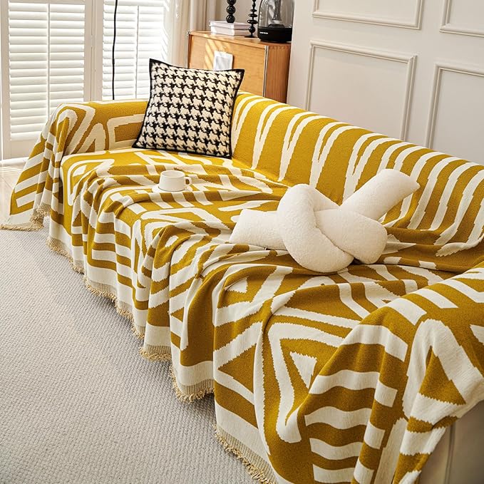 STACYPIK Thick Mustard Yellow Boho Sofa Covers Breathable Chair Couch Cover for 1 Cushion Sofa - Pet Friendly Pet Protector - Soft Chenille Jacquard - Washable - 71X71IN