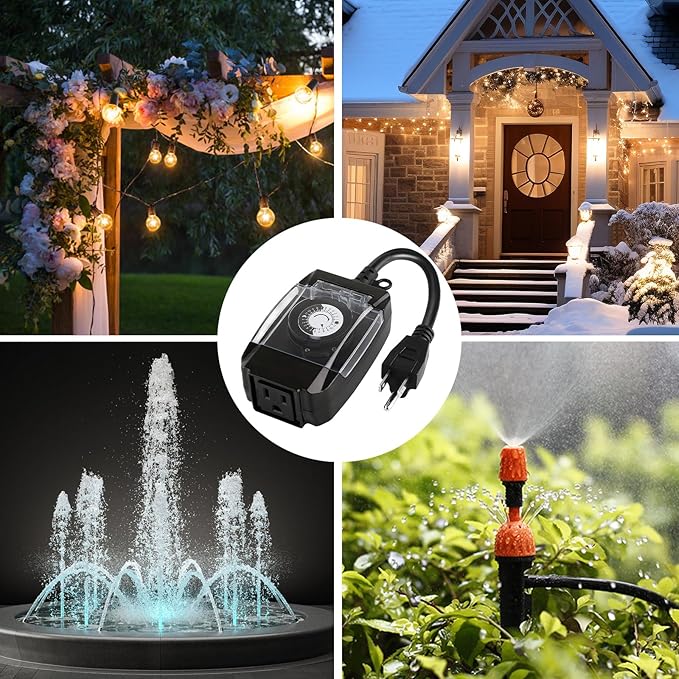 Outdoor Timer Outlet Waterproof, 24 Hour Mechanical Timer Outlet for Home and Garden, Single Grounded, 15A 3/4HP, Black, 2 Pack