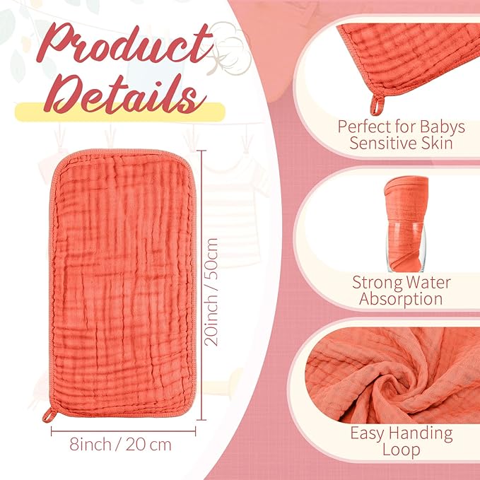 VitalCozy 6 Pcs Baby Muslin Hooded Bath Towels and Washcloths Muslin Cotton Hooded Baby Towels Absorbent Blankets for Gift Newborn Infant Shower (32 x 32 Inch,Cherry Red,Coral)