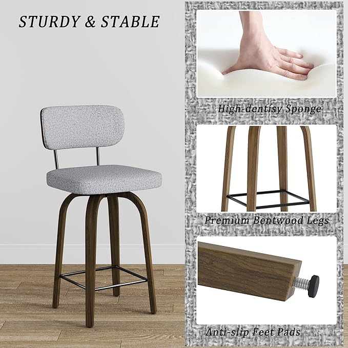 Swivel Counter Height Bar Stools with Back Set of 2, 26" Fabric Upholstered Kitchen Bar Stools with Wood Legs and Metal Footrest for Kitchen Island (Grey Fabric)