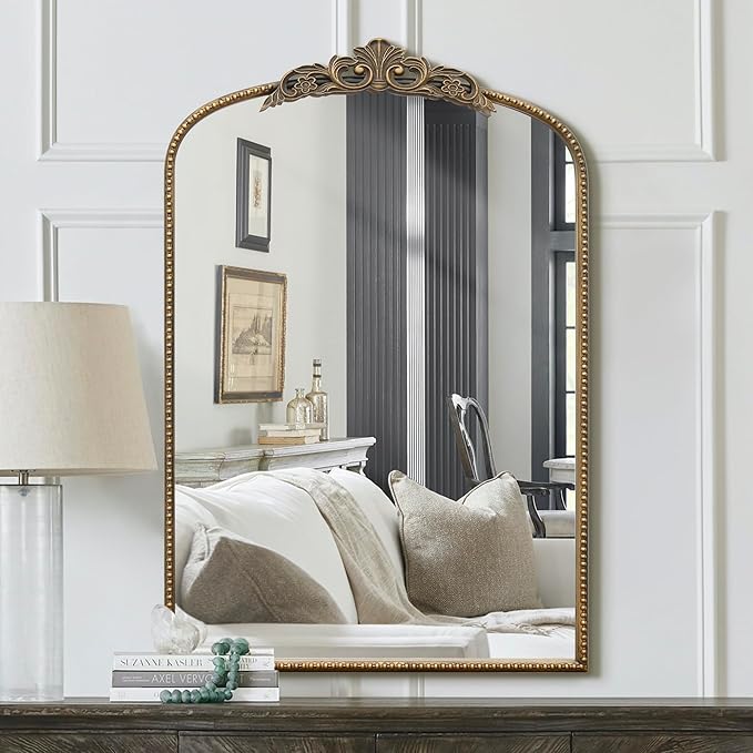 Micasso Antique Gold Ornate Mirror, 24 x 36 Inches Arched Baroque Style Mantel Wall Mirror for Bathroom, Vanity, Living Room