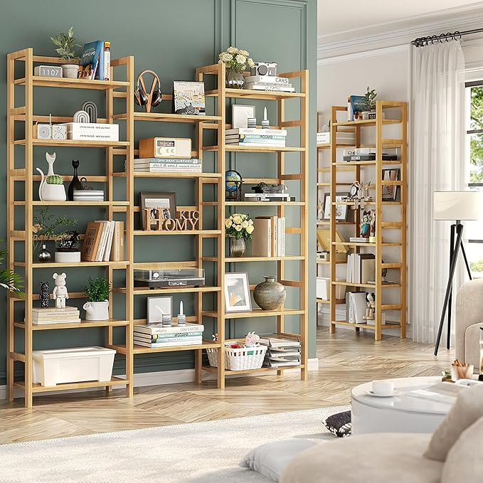 Homykic Bamboo Triple Wide Shallow Bookshelves and Bookcases, 6-Tier 6ft Tall Bookshelf with 17 Open Display Shelves, Large Freestanding Book Shelf for Home Office, Bedroom, Living Room, Natural