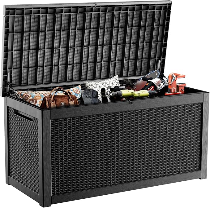ROJIK Outdoor Storage Housing Deck Box,Waterproof Patio Furniture, Garden Tools, Cushions, Pool Accessories Storage Bench with Lockable Lid and Side Handles (Black,320 Gallon)