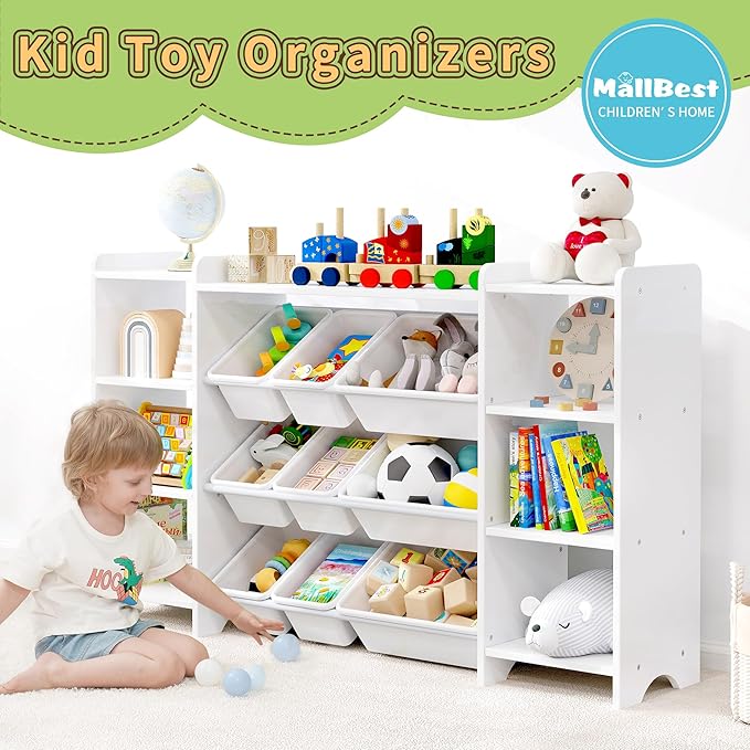 MallBest 4-Tier Kids' Toy Storage Organizer Shelf - 100% Solid Wood, Children's Organizer Cabinet with 9 Plastic Bins and 6 Storage Ports (White)