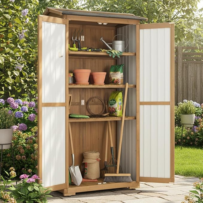 Outdoor Storage Cabinet Weather-Resistant, Wood & Metal Storage Shed with 3 Removable Shelves, Waterproof Roof, Adjustable Feet, Patio Storage Cabinet Outside for Garden Garage Backyard Pool