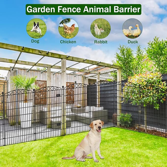 5 Panel No Dig Decorative Garden Fence with Gate - 48in H x 11.2ft L, Tall Animal Barrier for Dogs Rabbits, Rustproof Metal Wire Panels for Yard, Patio, and Outdoor Border Use